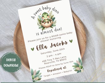 May include: A digital baby shower invitation with a dinosaur theme. The invitation features a cute cartoon dinosaur hatching from an egg, surrounded by greenery. Text includes the baby's name, date, time, and location.