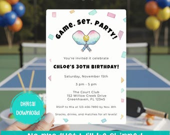 Modèle de toile modifiable d'invitation d'anniversaire de pickleball Pickleball Party 5 x 7 Evite imprimable 1080 x 1920 téléchargement immédiat