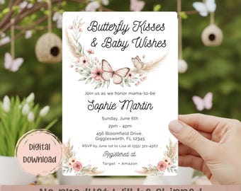 May include: A digital download invitation with the text "Butterfly Kisses & Baby Wishes" and the name "Sophie Martin". The invitation features butterfly and floral illustrations in soft pink and beige tones. The invitation includes event details.