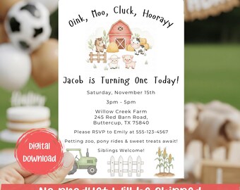 May include: A rectangular birthday invitation card featuring a red barn, farm animals, a green tractor, and corn stalks. The text reads: Oink, Moo, Cluck, Hoorayy, Jacob is Turning One Today!, Saturday, November 15th, 3pm-5pm, Willow Creek Farm, 245 Red Barn Road, Buttercup, TX 75840, Please RSVP to Emily at 555-123-4567, Petting zoo, pony rides & sweet treats await!, Siblings Welcome!