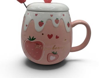 500ml Large Capacity Ceramic Cute Strawberry Coffee Mug with Lid and Spoon