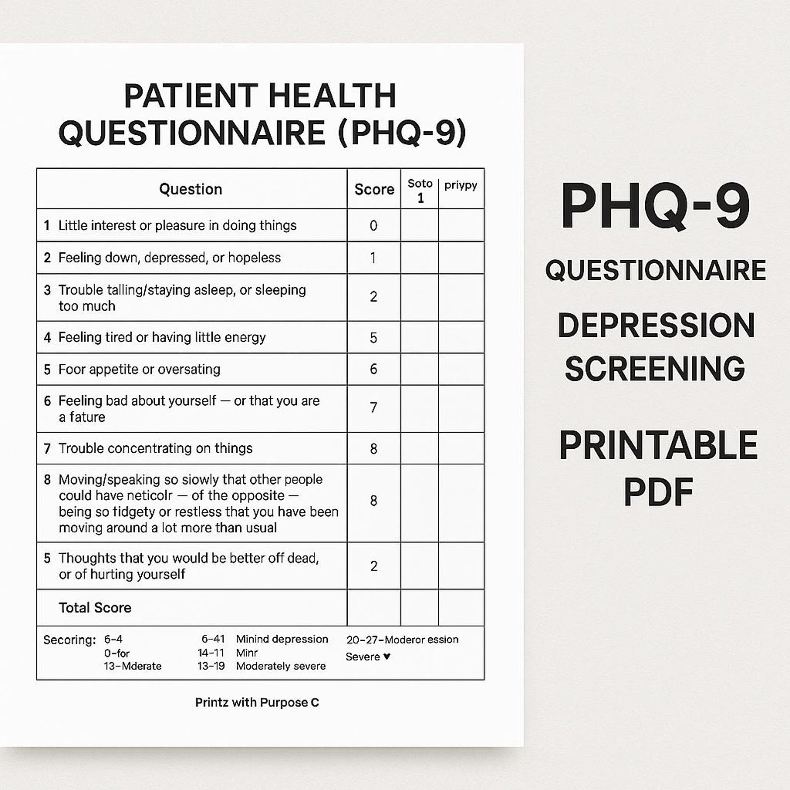 PHQ-9 Patient Health Questionnaire | Depression Screening Form ...