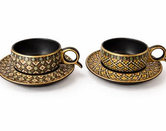 Gold & Black Benjarong Espresso Cups: Thai Ceramic Coffee Mug Set