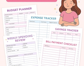 Utskrivbart paket för tjejbudgetering: Utgiftsspårning, sparutmaning (PDF)
