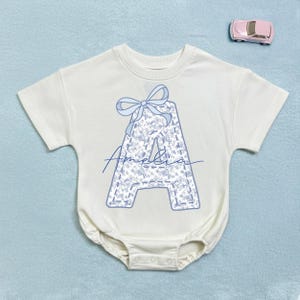 Personalized Chinoiserie Floral Bubble Romper – Blue Bow Girl Outfit, Custom Name Gift
