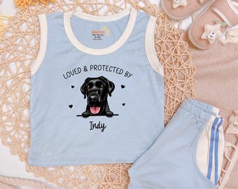 Personalized 'Loved By' Black Lab Baby Outfit, Dog Sibling Set