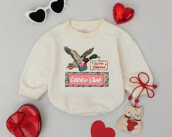 Personalized Camo Mallard Duck Baby Romper, First Valentine Outfit for Boys