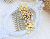 Flower Comb, Floral Hair Comb, Assemblage Hair, Gold Leaf Hair Comb, Bridal Headpiece, Vintage Bride, Gold Leaves Headpiece, Golden Vine