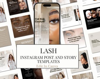 Lash Tech Instagram-mallar | Lash Artist Social Media Pack | Redigerbart Canva-kit