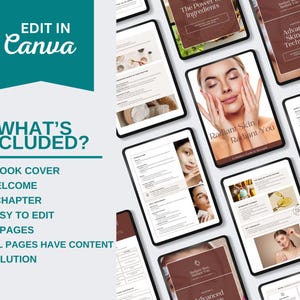 Puede incluir: Tabletas que muestran una gu&iacute;a digital para el cuidado de la piel. La portada dice "Radiant Skin, Radiant You". La gu&iacute;a incluye cap&iacute;tulos sobre ingredientes y t&eacute;cnicas. Tambi&eacute;n se muestra el texto "Edit in Canva" y "What's Included?"