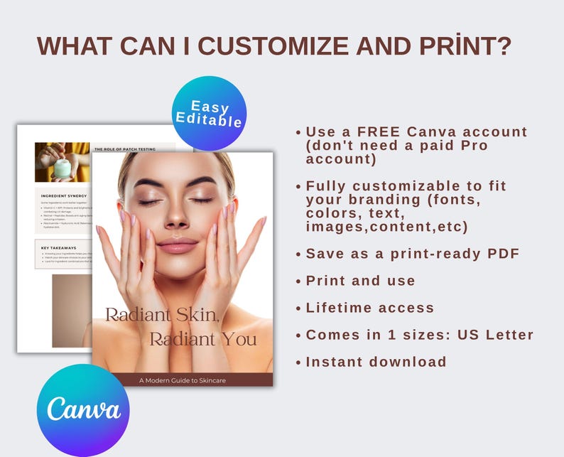 Puede incluir: Una imagen promocional con el texto "WHAT CAN I CUSTOMIZE AND PRINT?" y "Radiant Skin, Radiant You". Incluye una mujer con las manos en la cara, un logotipo de Canva e informaci&oacute;n sobre personalizaci&oacute;n e impresi&oacute;n.