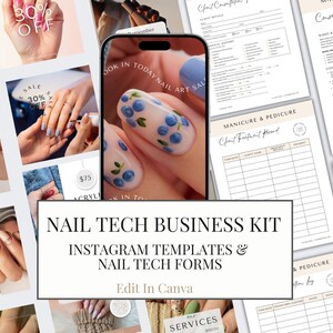 Peut inclure: Kit de manucure pour entreprise avec modèles Instagram et formulaires de technicien des ongles. L'image montre un écran de téléphone avec du nail art aux myrtilles. Le texte comprend "SALE 30% OFF".
