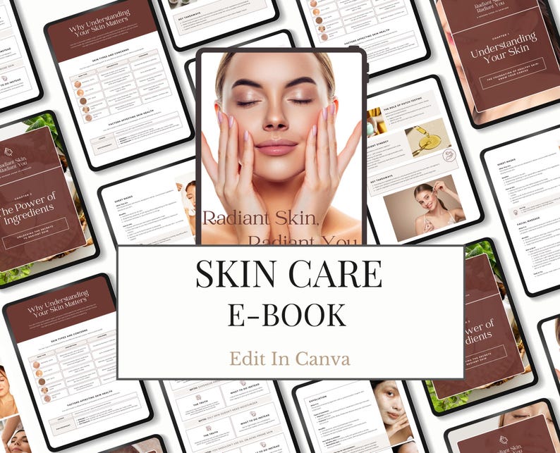 Puede incluir: Un libro electr&oacute;nico digital sobre el cuidado de la piel con el texto "Radiant Skin, Radiant You" y "Skin Care E-Book Edit in Canva". La imagen presenta a una mujer toc&aacute;ndose la cara, rodeada de tabletas que muestran informaci&oacute;n sobre el cuidado de la piel.