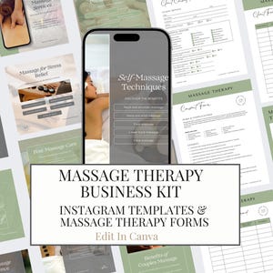 May include: A digital marketing kit for massage therapists, featuring Instagram templates and massage therapy forms. The image includes a smartphone displaying self-massage techniques, along with various marketing materials in shades of green and white.