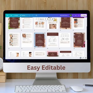 Puede incluir: Un ordenador muestra un ebook de cuidado de la piel con varias p&aacute;ginas. La portada dice: "The Power of Ingredients". Otras p&aacute;ginas muestran im&aacute;genes y texto sobre rutinas y productos para el cuidado de la piel. Las palabras "Easy Editable" se muestran en la parte inferior.