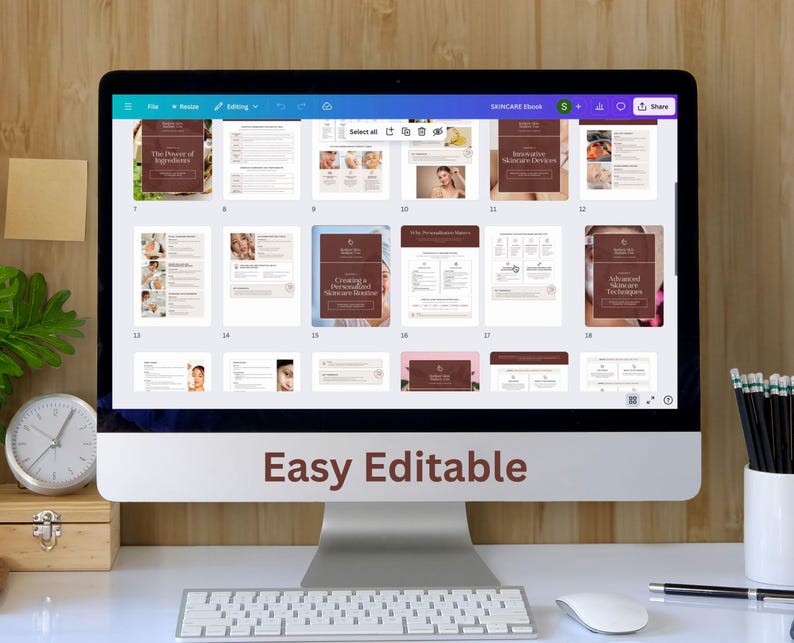 Puede incluir: Un ordenador muestra un ebook de cuidado de la piel con varias p&aacute;ginas. La portada dice: "The Power of Ingredients". Otras p&aacute;ginas muestran im&aacute;genes y texto sobre rutinas y productos para el cuidado de la piel. Las palabras "Easy Editable" se muestran en la parte inferior.