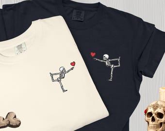 Embroidered Couples Yoga Shirt, Skeleton Yoga Tee, Matching Yoga Lovers T-Shirts, Valentine Yoga Shirt
