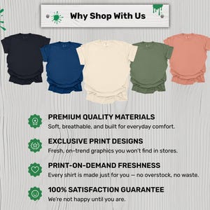 May include: A display of five t-shirts in various colors: navy, blue, cream, olive green, and coral. The image includes text that reads "Why Shop With Us" and highlights features like premium materials and exclusive print designs.