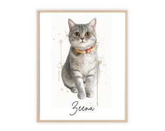 Custom Cat Portrait Poster with Wooden Frame | Personalized Pet Print