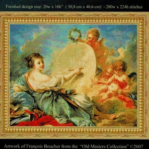 May include: Counted cross-stitch pattern of a painting titled "Allegory of Painting" from the "Romance from the Past" series, designed by Dyan Allaire. The painting depicts a woman holding a paintbrush and a palette, surrounded by cherubs. The finished design size is 50.8 cm wide by 40.6 cm high.