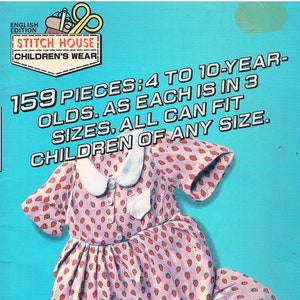 May include: A pink dress with a white collar and a strawberry print. The dress is part of a 159 piece set of children's clothing, suitable for ages 4 to 10. The text on the image reads "159 PIECES: 4 TO 10-YEAR-OLDS. AS EACH IS IN 3 SIZES, ALL CAN FIT CHILDREN OF ANY SIZE."