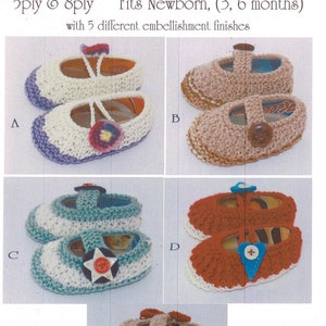 May include: Five crochet baby bootie patterns with different embellishments. The patterns are labeled A through E. The bootie patterns are for newborns and babies 3 to 6 months old. The pattern is by Julie Duke.