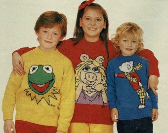 ORIGINAL Kermit, Miss Piggy & Rupert - 3 Intarsia Knitting Patterns by Gary Kennedy /Woman's Weekly Supplement, 1988