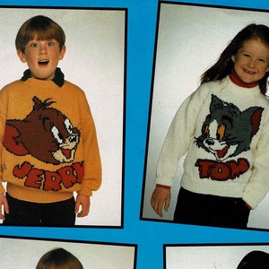 May include: Four children's knit sweaters with intarsia designs. The sweaters feature cartoon characters from the Tom and Jerry show. The sweaters are available in sizes to fit children and adults.