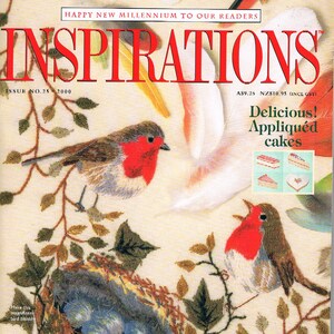May include: A magazine cover featuring a colorful embroidered bird's nest with eggs, two red-breasted robins, and the text "INSPIRATIONS" and "WHAT A FABULOUS ISSUE!" The magazine is titled "Inspirations" and is issue number 25.