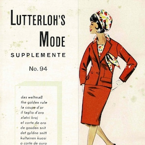 May include: Vintage fashion illustration from Lutterloh's Mode. The image features a woman in a red suit, scarf, and hat. The text includes "SUPPLEMENTE" and "No. 94". The illustration is a retro style.