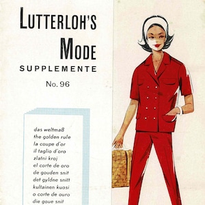 May include: A vintage magazine cover with the title "Lutterloh's Mode" and issue number 96. It features a woman in a red suit with a short-sleeved jacket and trousers, carrying a patterned bag. Text in multiple languages is listed.