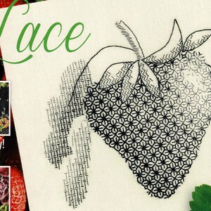 May include: Cover of "Inspirations" magazine featuring a black and white embroidered strawberry design on a white background. The cover also includes the text "Lovely Lace" and images of embroidery projects. The background is filled with red strawberries.
