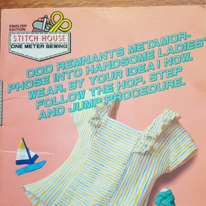 May include: A pink and white striped shirt with a ruffled collar and short sleeves. The shirt is paired with white pants and green sandals. The text on the back of the shirt reads "Odd Remnants Metamor-Phose into Handsome Ladies' Wear, By Your Idea! Now. Follow the Hop, Step and Jump Procedure."