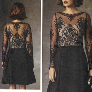 May include: A black dress pattern by Tom and Linda Platt. The dress features a sheer, lacy bodice and long sleeves, paired with a solid, knee-length skirt. The pattern includes the Vogue Patterns American Designer logo and the number V1428.