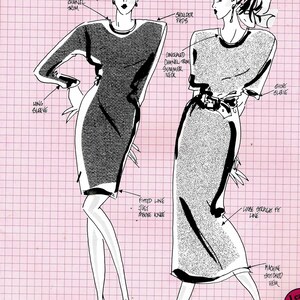 May include: Line drawing of two women's dress patterns. The dress on the left is a fitted, knee-length dress with long sleeves. The dress on the right is a loose-fitting, straight dress with short sleeves. Both dresses have a Chanel-style trim.