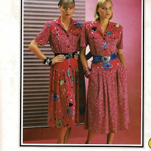 May include: Image of a vintage sewing pattern featuring two women wearing red dresses with colorful floral patterns. The dresses have button-down tops and pleated skirts. The pattern is for sizes 6 to 22.