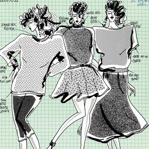 May include: Three illustrations of women wearing different knit tops. The first top has a summer neck and rib trim, the second has a winter neck and boat neck, and the third has a short set-in sleeve and a turned edge. The illustrations are on a green grid background.