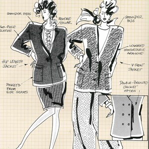 May include: A black and white line drawing of two women wearing jackets. The woman on the left is wearing a hip-length jacket with pockets and a two-piece sleeve. The woman on the right is wearing a V-front jacket with a double-breasted option. Both jackets have shoulder pads. The text "PATTERN 7000: JACKETS SIZES 6 TO 22" is at the top of the image. The text "I can sew that!" is at the bottom of the image.