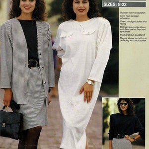 May include: Three women modelling different styles of knit tops and dresses. The first woman is wearing a black and white houndstooth jacket and skirt. The second woman is wearing a white dolman sleeve dress. The third woman is wearing a black long-sleeved top and a houndstooth skirt. The text on the page reads "Dolman/Magyar Sleeve Garments Sizes: 8-22".