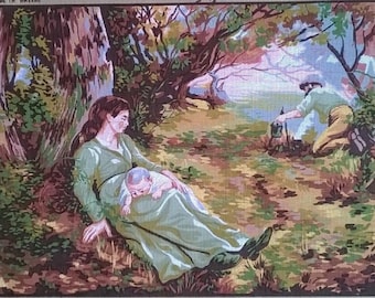 May include: A needlepoint tapestry kit featuring a woman sitting under a tree with a baby in her arms. A man is in the background, walking away from the woman. The kit is titled "Regal Tapestry Australiana Series" and is numbered 35. The kit is made in Greece and woven in West Germany.