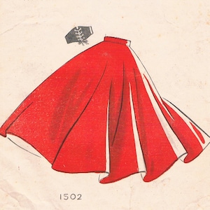 May include: A vintage sewing pattern for a red skirt with a white trim. The pattern is for a size 24 waist and is labeled "Weigel's Pattern" and "1502".