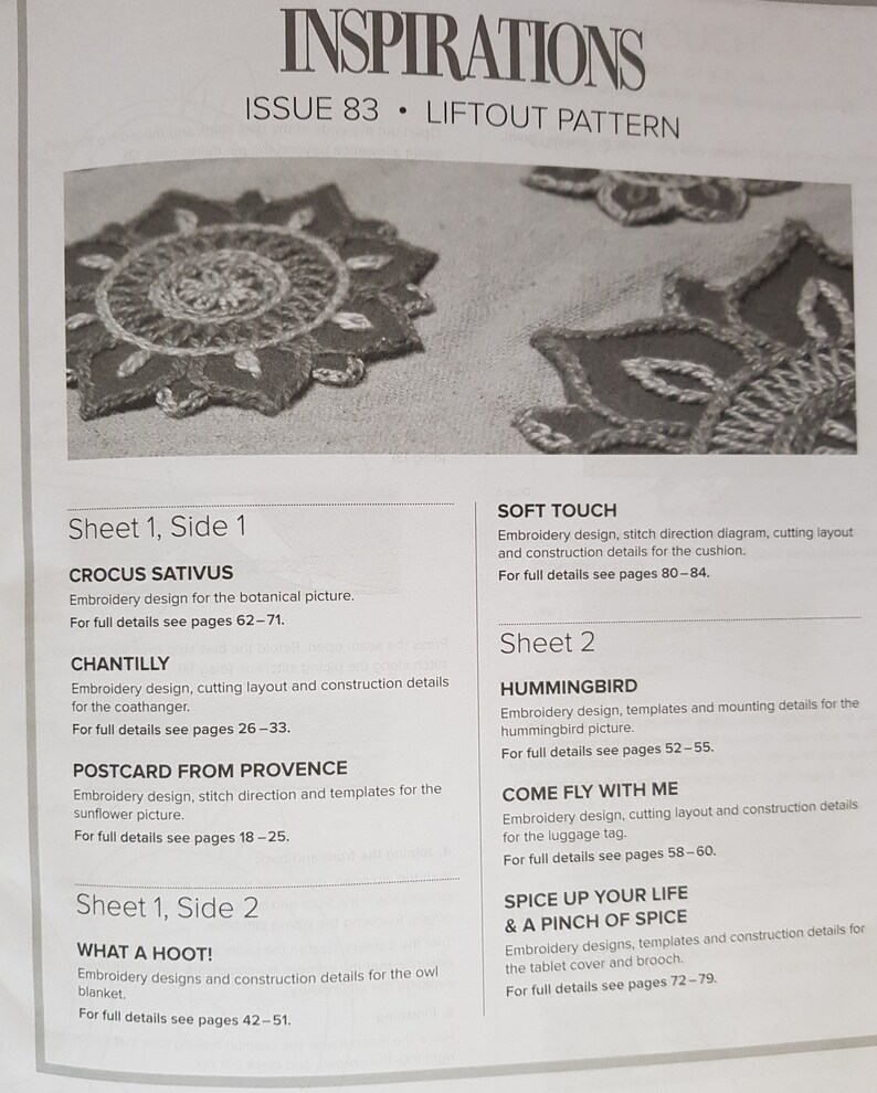 Puede incluir: Una p&aacute;gina de revista titulada "INSPIRATIONS" con el n&uacute;mero 83 y una pancarta "LIFTOUT PATTERN". La p&aacute;gina presenta dise&ntilde;os de bordado, incluyendo "CROCUS SATIVUS", "CHANTILLY" y "POSTCARD FROM PROVENCE". Otros dise&ntilde;os incluyen "SOFT TOUCH" y "HUMMINGBIRD".