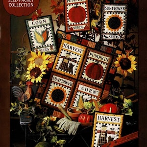 May include: An autumn-themed image with seed packet designs showcasing pumpkins, sunflowers, and corn. The packets are labelled with the text "AUTUMN SEED PACKET COLLECTION". The image includes a rooster, sunflowers, and gardening tools.