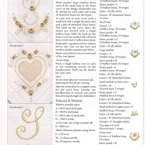 May include: A close-up of a page from a craft book showing instructions for embroidering a handkerchief with roses. The page includes a list of materials, embroidery techniques, and a color chart for the embroidery floss.