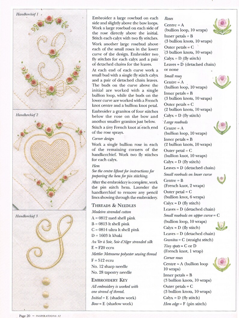 May include: A close-up of a page from a craft book showing instructions for embroidering a handkerchief with roses. The page includes a list of materials, embroidery techniques, and a color chart for the embroidery floss.
