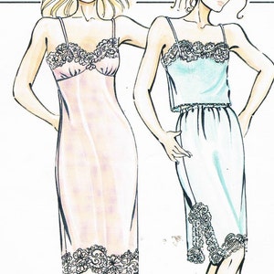 May include: Illustration of two vintage lingerie designs. One is a pale pink slip dress with spaghetti straps and black lace trim. The other is a light blue camisole and skirt set with matching lace details.