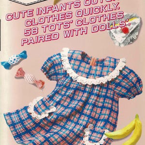 May include: A pink and blue plaid dress with white lace trim and a pocket. The dress is paired with a doll and other accessories, including a banana, candy, and a doll.