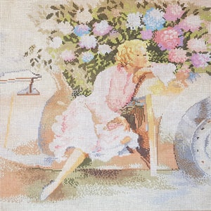 Willem Haenraets "Dame im Sportswagen"/ Unworked Tapestry Canvas  - BTW (Made in West Germany)