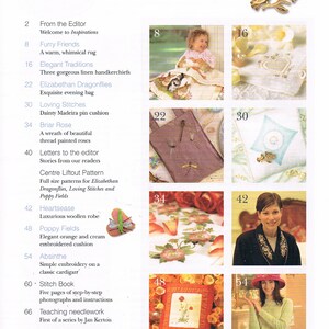May include: A magazine cover with the title "Inspirations" and a table of contents featuring embroidery projects. The projects include a whimsical rug, linen handkerchiefs, a pin cushion, a wreath of roses, a luxurious robe, and a simple embroidered cardigan.