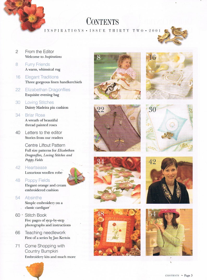 May include: A magazine cover with the title "Inspirations" and a table of contents featuring embroidery projects. The projects include a whimsical rug, linen handkerchiefs, a pin cushion, a wreath of roses, a luxurious robe, and a simple embroidered cardigan.